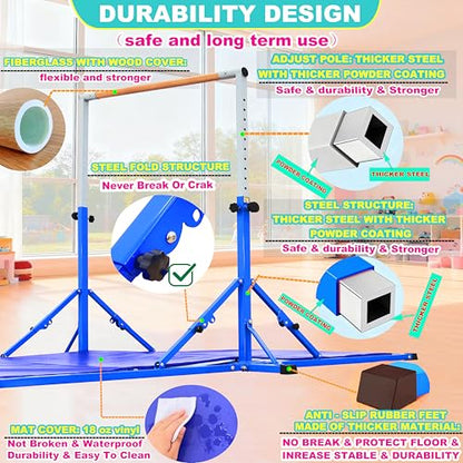 Marfula Gymnastic Bar For Kid and Teenage of 3-25, 5Ft/8 FT Base Length 4Ft Width 5Ft Adjust Height, Gymnastic Kip Bar For Gymnast, Gymnastic Training Equipment For Professional Training Home Club Use - color: Blue (Bar with Mat - 8 Ft Base)