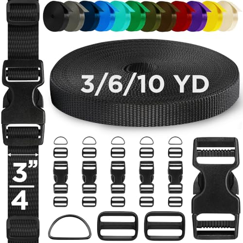 TECEUM Buckles & Strap Kit – 3/4" Black Nylon Webbing 6 (yd) – 6 Heavy Duty Adjustable Plastic Buckles – 12 Tri-Glide Slide Clips – 6 Metal D-Ring – Ideal Straps for Arts Crafts Outdoors Indoors DIY - color: Black, size: 3/4" - 6 yards, style: 6 Buckle -