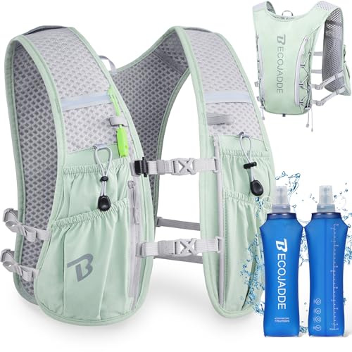 BECOJADDE Running Vest Hydration Backpack for Men Women, 5L Lightweight Running Backpack Hydration Pack for Marathon, Trail, Cycling, Hiking, Jogging - color: Green, size: 5l Running Vest With Two 500ml Soft Water Bottles