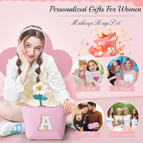 YOOLIFE Personalized Makeup Bag for Women - Monogram Cosmetic Bag Travel Toiletry Bag Brush Holder Birthday Gifts for Women Her Wedding Bridesmaid Friend Sister Teacher Wife Grandma Pink Initial E - color: Pink, style: E