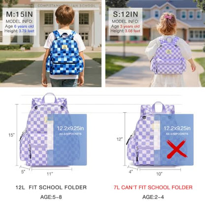 STEAMEDBUN Kids Backpack for Boys Girls 5-8, 15inch Girls Boys Backpacks Kindergarten - color: Light Purple Checkerboard, size: SMALL-15"H(fit folder)