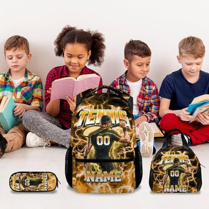 UNIKITTY Boys Tennis Backpack Set, Personalized School Backpack with Lunch Box & Pencil Case; 17 Inch Large Capacity Tennis Bookbag, Water Resistant for Kids Teens Elementary & Middle School - color: Yellow