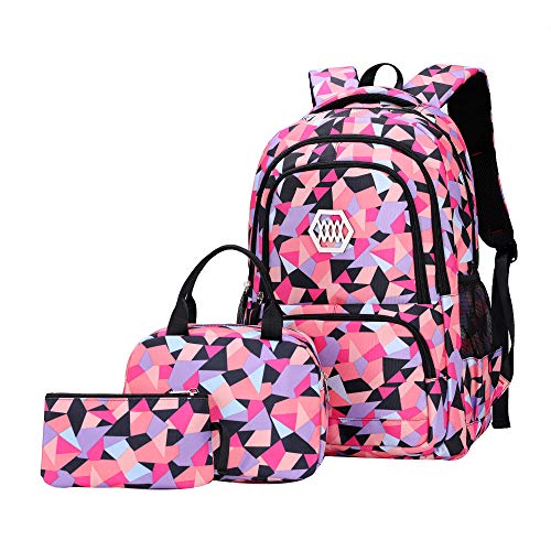 JiaYou Girl Geometric Printed Primary Junior High University School Bag Bookbag 3pcs Backpack Sets(2# Black-3pcs,19 L) - color: 2# Black-3pcs, size: 19 L