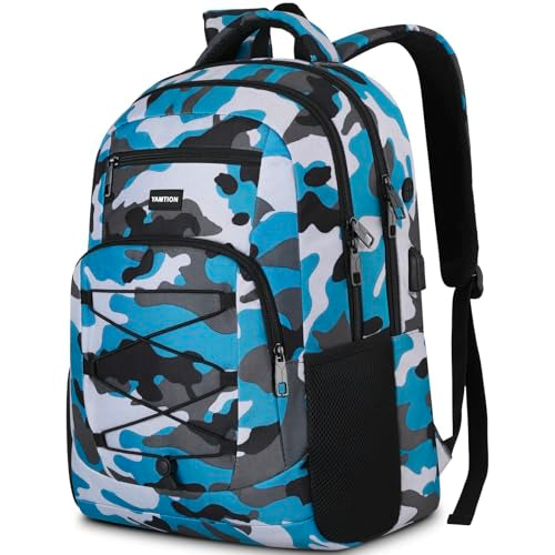 YAMTION School Backpack for Teen Boys and Men,Laptop Bookbag Backpack with USB for High School College Students Travel Office - color: Camouflage Blue, size: 17.3 inch