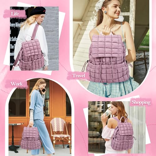 Quilted Puffer Backpack for Women Lightweight Soft Puffy Backpack Purse Casual Daily Drawstring Flap Daypack (Dark Purple) - color: Dark Purple