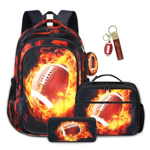 Boys American Football Backpack with Lunch Box, Kids Backpack Set for School, 17inch Bookbag with Pencil Case Coin Purse Red - color: Football