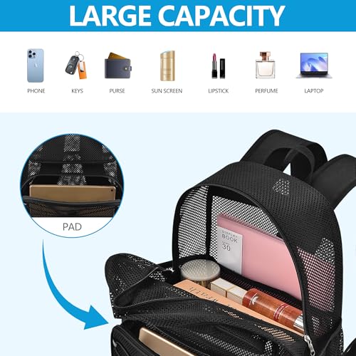 Paxiland Mesh Backpack Heavy Duty See Through Mesh Bookbag Large Backpack for Travel Swimming Outdoor Sports Beach, Black - color: Black-27l