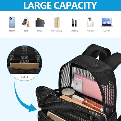 Paxiland Mesh Backpack Heavy Duty See Through Mesh Bookbag Large Backpack for Travel Swimming Outdoor Sports Beach, Black - color: Black-27l