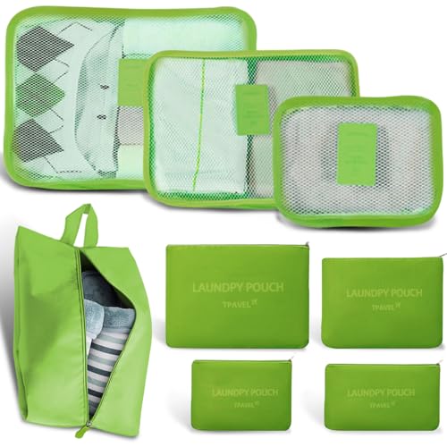 8 Set Packing Cubes for Travel Luggage Packing Bags Reusable Waterproof Suitcase Organizer Cubes Set with Shoe Bag and Toiletry Bag (Green) - color: Green