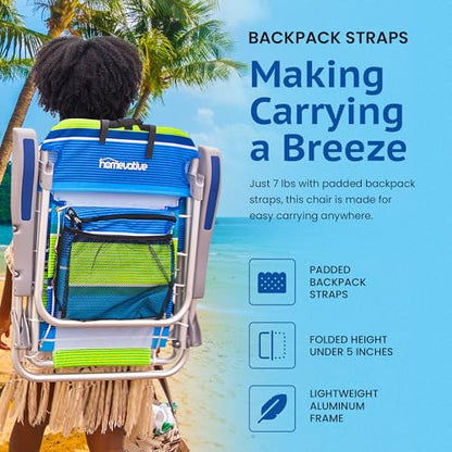 Homevative Cooler+ Folding Backpack Beach Chair with 5 Positions, Towel bar, XL Cooler Pouch, Storage Net, Cup and Phone Holder, Deep Sea, 2 Pack - color: Deep Sea