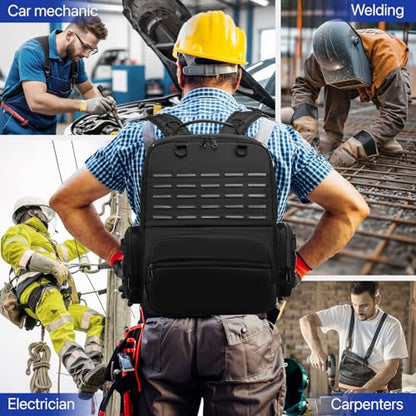 Tool Backpack,Heavy Duty Tool Bags for Men,Tool Storage Organizer Bag With 3 Tool Pouches for Electrician/Industrial/Construction/Tactical/Hvac Techs/Repairman Work
