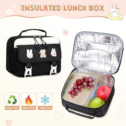 DIGOBAY 3PCS Girls Backpack for School, Large Kids Backpack for Girls with Lunch Box Pencil Case Set for Teen Girl Elementary Primary Middle High College School Bookbag with Cute Pins (Black-beige) - color: Black-beige