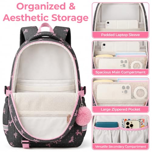 WOBAGMEN Cute Pink Bow Backpack for Teen Girls, Large Capacity Multi-Pocket School Bag Fits 15.6" Laptop, Lightweight Durable Daypack for School and Travel (Pink Bow Polka Dot, M) - color: Pink Bow Polka Dot