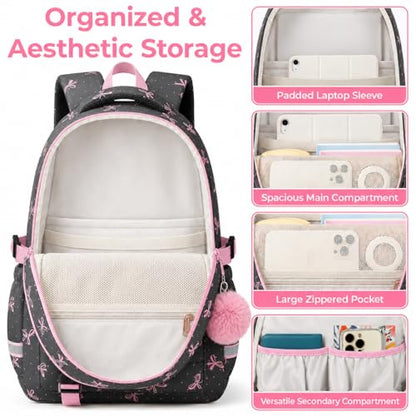 WOBAGMEN Cute Pink Bow Backpack for Teen Girls, Large Capacity Multi-Pocket School Bag Fits 15.6" Laptop, Lightweight Durable Daypack for School and Travel (Pink Bow Polka Dot, M) - color: Pink Bow Polka Dot
