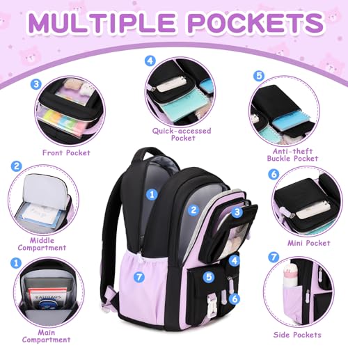 PIG PIG GIRL Kids Backpack for Girls School Bags for Middle School Students Book Bag for Elementary Primary Kawaii Ita Backpack, Black and Purple - color: Black and Purple