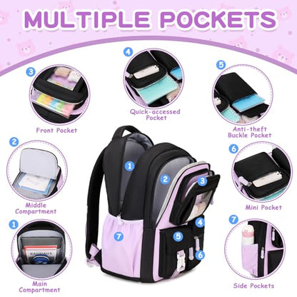 PIG PIG GIRL Kids Backpack for Girls School Bags for Middle School Students Book Bag for Elementary Primary Kawaii Ita Backpack, Black and Purple - color: Black and Purple
