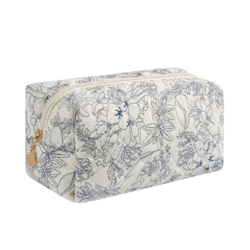 Cute Floral Makeup Bag Small Cotton Quilted Cosmetic Bag, Aesthetic Essential Bag Emergency Bag Gift for Women Girls Travel Accessories (Navy Flowers) - color: A5 Navy Flowers