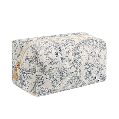 Cute Floral Makeup Bag Small Cotton Quilted Cosmetic Bag, Aesthetic Essential Bag Emergency Bag Gift for Women Girls Travel Accessories (Navy Flowers) - color: A5 Navy Flowers