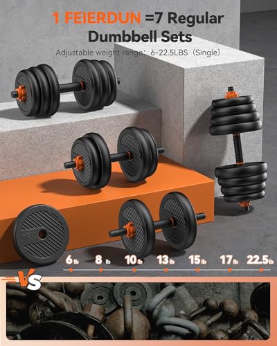 FEIERDUN DS2 Adjustable Dumbbells, 20/30/40/45/70/90lbs Free Weight Set with Connector, 5 in1 Dumbbells Set Used as Barbell, Kettlebells, Push up Stand, Weight Plate, Fitness Exercises for Home Gym Suitable Men/Women - style: D.45LB(22.5LB Pair)