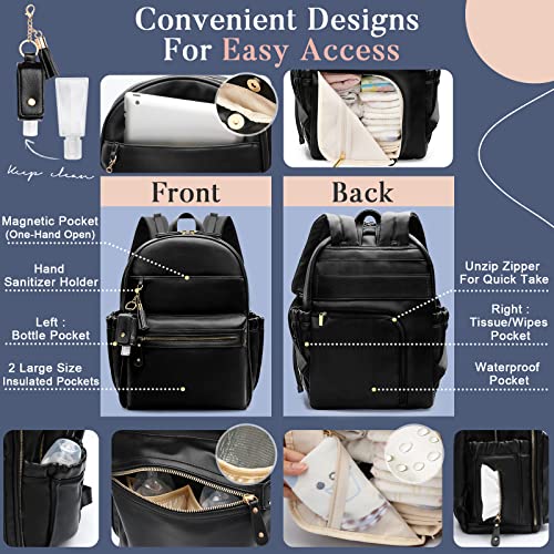 miss fong Diaper Bag Backpack Leather Diaper Bag, Baby Diaper Bag for Baby, 16 Pockets with Hand Sanitizer Holder, Changing Pad, 2 Insulated Pockets(Black) - color: Black