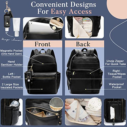 miss fong Diaper Bag Backpack Leather Diaper Bag, Baby Diaper Bag for Baby, 16 Pockets with Hand Sanitizer Holder, Changing Pad, 2 Insulated Pockets(Black) - color: Black