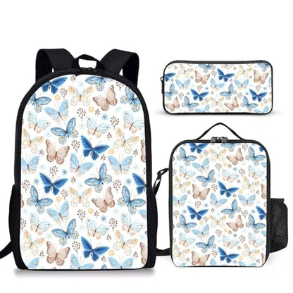 3PCS Butterfly Backpack for Boys Girls Teens, School Backpack with Lunch Box Pencil Case for Elementary Middle High Students, 17 Inch Lightweight Bookpack 3 in 1 Set Back to Shool Gifts for Kids - color: Butterfly