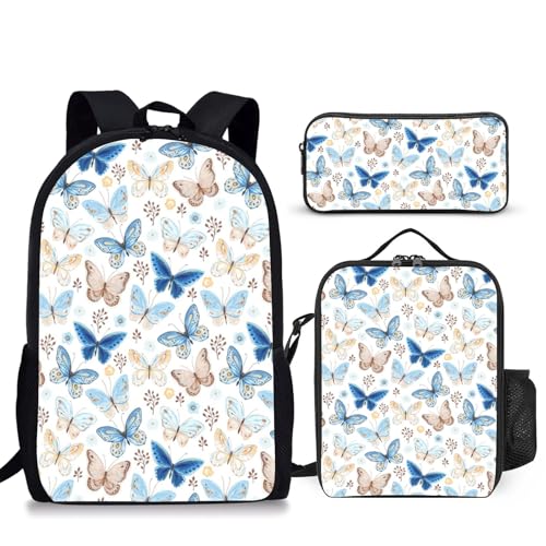 3PCS Butterfly Backpack for Boys Girls Teens, School Backpack with Lunch Box Pencil Case for Elementary Middle High Students, 17 Inch Lightweight Bookpack 3 in 1 Set Back to Shool Gifts for Kids - color: Butterfly