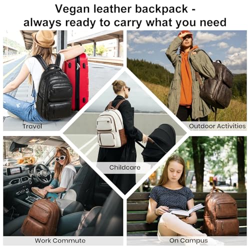 LATMAP Vegan Leather Backpack 17In Laptop Backpack for Women Travel Coffee | large capacity, laptop compartment, water-resistant, easy to wipe clean, TSA-friendly, with luggage strap & pickpocket-proof - color: Coffee Color