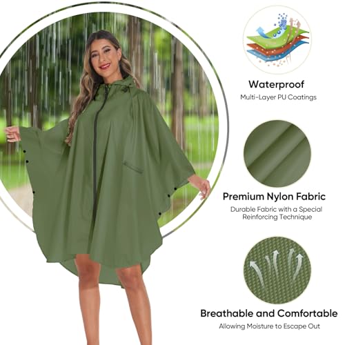 PTEROMY Hooded Rain Poncho for Adult with Pocket and Zipper, Waterproof Lightweight Raincoat for Men and Women - color: Green