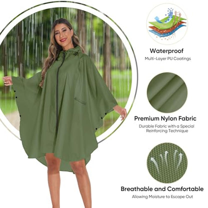 PTEROMY Hooded Rain Poncho for Adult with Pocket and Zipper, Waterproof Lightweight Raincoat for Men and Women - color: Green