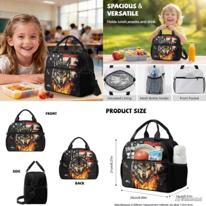 American Flag Wolf Backpack with Lunch Box for Boys 8-12 Kids Bookbag for Primary Elementary School Bags with Water Bottle Pouch and Pencil Case 4PCS Back to School Bags with Side Pocket - color: American Flag Wolf