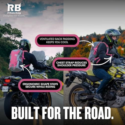 riderbag Reflective Motorcycle Backpack, Hi Viz Commuter Riding Bag | Designed by Riders for Everyday Rides with Laptop Compartment and Helmet Net. Built to Help You Be Seen. - color: Pink