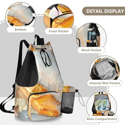 Drawstring Backpack Sports Bag With Water Bottle Pocket String Bag Dry Wet Separation Marble White Orange - color: Color 21