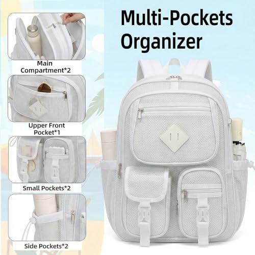 Mesh Backpack for Girls Boys, Women Mesh Bookbags Heavy Duty Semi-Transparent School Bag Net Back Pack for Travel, Beach, Swimming, Work - White - color: White