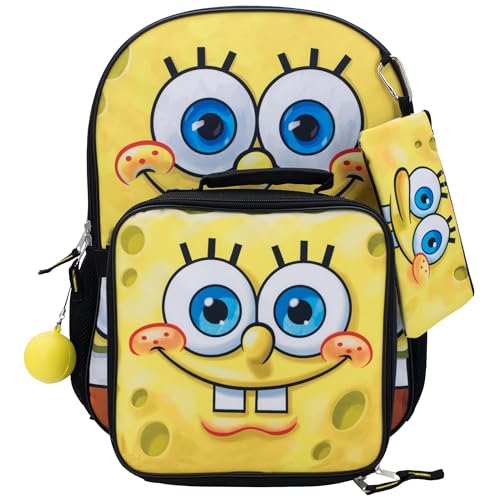AI ACCESSORY INNOVATIONS Sponge Bob 5 PC Backpack Set, Girls & Boys Big Face School Bag 16” with Front Zip Pocket - color: Spongebob