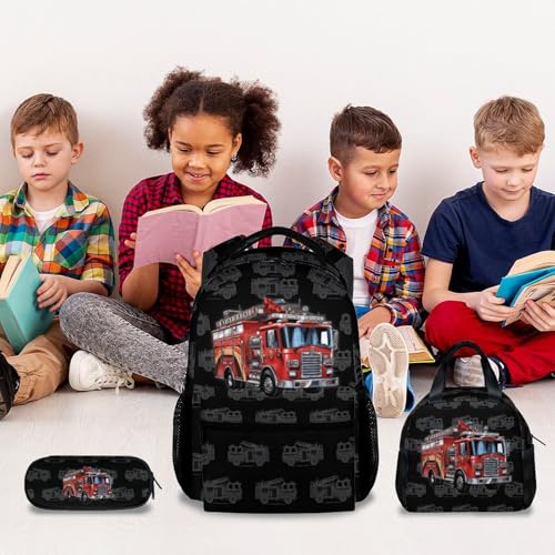 Kids Backpack Set for Boys, 17 Inch Backpacks with Lunch Box for Kids, 3 in 1 Cute Fire Truck Bookbag for School Travel - color: Style-4