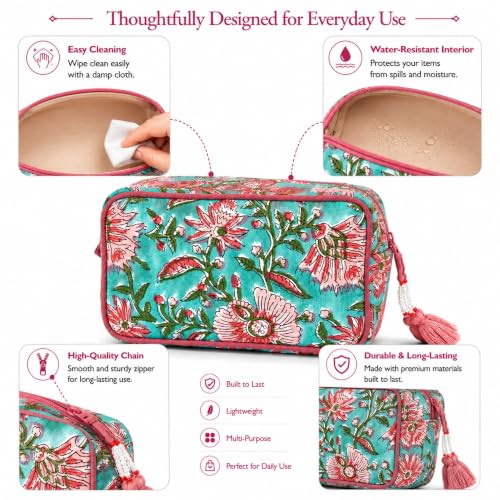 Huar Travel Makeup Bag- Large Capacity Cosmetic Bags for Women - color: Green & Pink Floral
