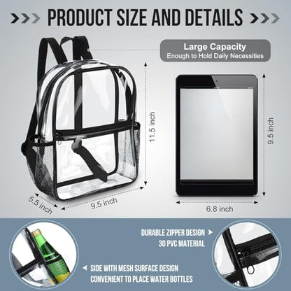 Sweetude 6 Pcs Clear Backpack bulk 11.4 x 9.5 x 5.1 Inch Bag Stadium Approved Plastic Transparent Backpack with 2 Water Holders (Black) - color: Black