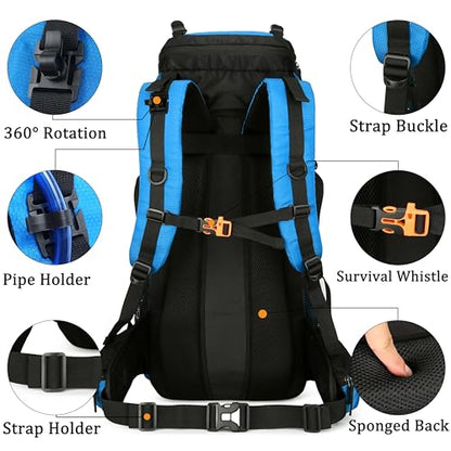 YFREAL 60L Travel Hiking Camping Backpack with Rain Cover,Backpack Water Resistant,Climbing Backpack for Men Women (BLUE) - color: Blue