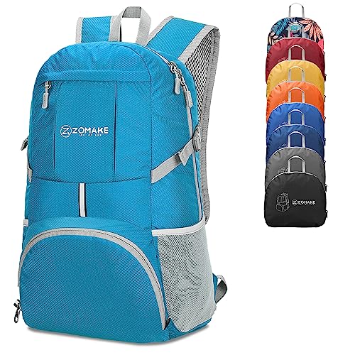 ZOMAKE Lightweight Packable Backpack 35L, Light Foldable Backpacks Water Resistant Collapsible Hiking Bag, Compact Folding Day Pack for Travel Camping(Light Blue) - color: Light Blue