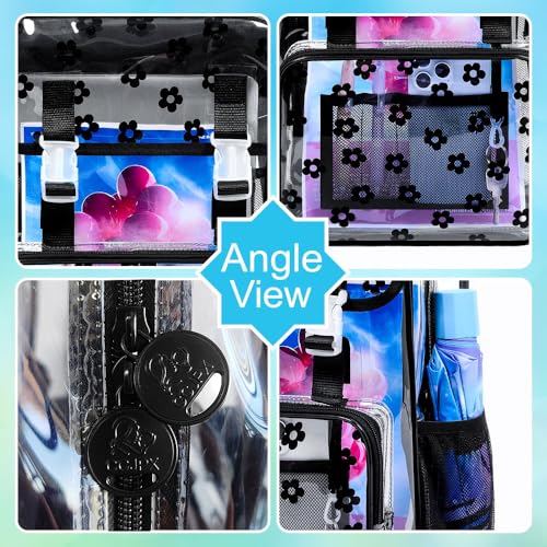 3Pcs Clear Backpack for Girls, School Kids Transparent Bookbag Set, 17" Stadium Approved See Through Backpack with Lunch Box (Black) - color: Plum Blossom Black