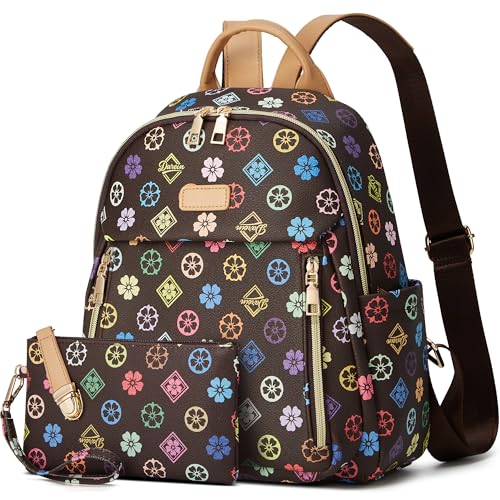 Makes Mini Backpack for Women, Stylish Daypack Purse Handbag Small Casual Daily Travel Bag, Lady Girls Gifts for Work School, 2pcs Sets - color: Tribrown Flower