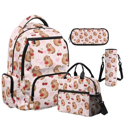 Cherry Capybara Backpacks for Kids Girls School Backpack with Lunch Box Water Bottle Sleeve and Zipper Pencil Case 4PCS Set Kindergarten Backpack for Girls Back to School Bags with Handle - color: Capybara Cherry
