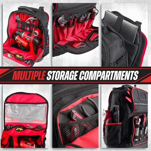 Tool Backpack Heavy Duty Tool Bag with Laptop Sleeve, USB Charging Port, Side Pouches, Multi Pockets and Rubber Base - Electrician, Handyman, Construction, Carpentry Work or Jobsite Tote by Stalwart