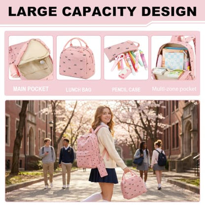 LEDAOU Kids Backpack for Girls Backpacks with Lunch Box, Lightweight Bookbag Set Elementary Middle School Back pack for 8-14 - color: Bow Pink Backpack