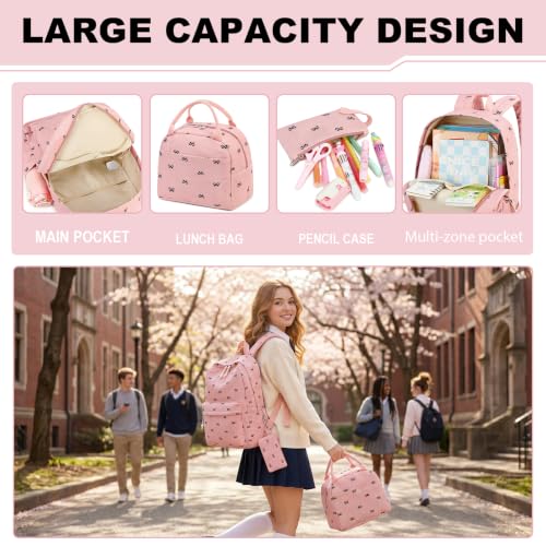 LEDAOU Kids Backpack for Girls Backpacks with Lunch Box, Lightweight Bookbag Set Elementary Middle School Back pack for 8-14 - color: Bow Pink Backpack