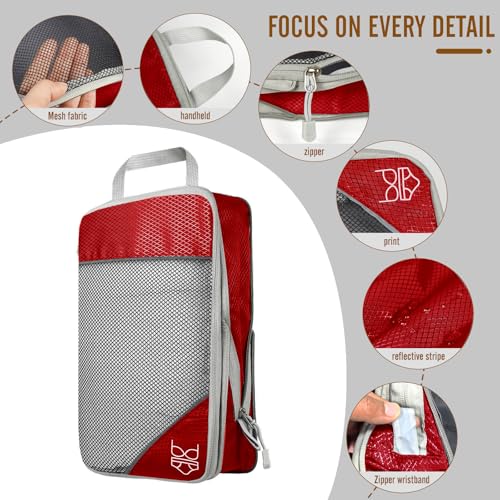 9-Set Packing Cubes with Hanging Bag | 9-Size Combination, Mesh Fabric & Reflective Stripe | Travel Luggage Organizers (Red) - color: Red