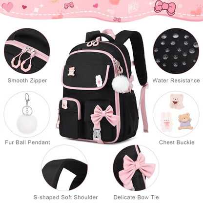 ACESAK Girls Backpack - 3PCS Backpack for Girls Cute School Backpacks for Girl Kindergarten Elementary Preschool Middle Kids School Bags with Lunch Box Pencil Case Set (Black Pink) - color: Black Pink