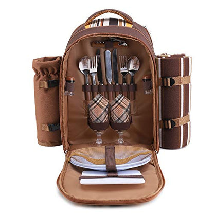 apollo walker Picnic Backpack Bag for 2 Person with Cooler Compartment, Detachable Bottle/Wine Holder, Fleece Blanket, Plates and Cutlery(2 Person, Brown) - color: Brown, size: 2 Person