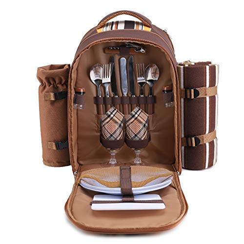 apollo walker Picnic Backpack Bag for 2 Person with Cooler Compartment, Detachable Bottle/Wine Holder, Fleece Blanket, Plates and Cutlery(2 Person, Brown) - color: Brown, size: 2 Person